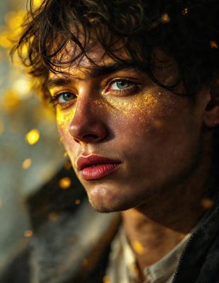 The primary subject of the image is a man with a beard and long hair, wearing a brown jacket. He is looking at the camera with a smirk on his face. The setting is a room with a wall that has a yellow glow, possibly due to a light source or a painting. The visual style appears to be a photo, and the colors and mood are warm and inviting.